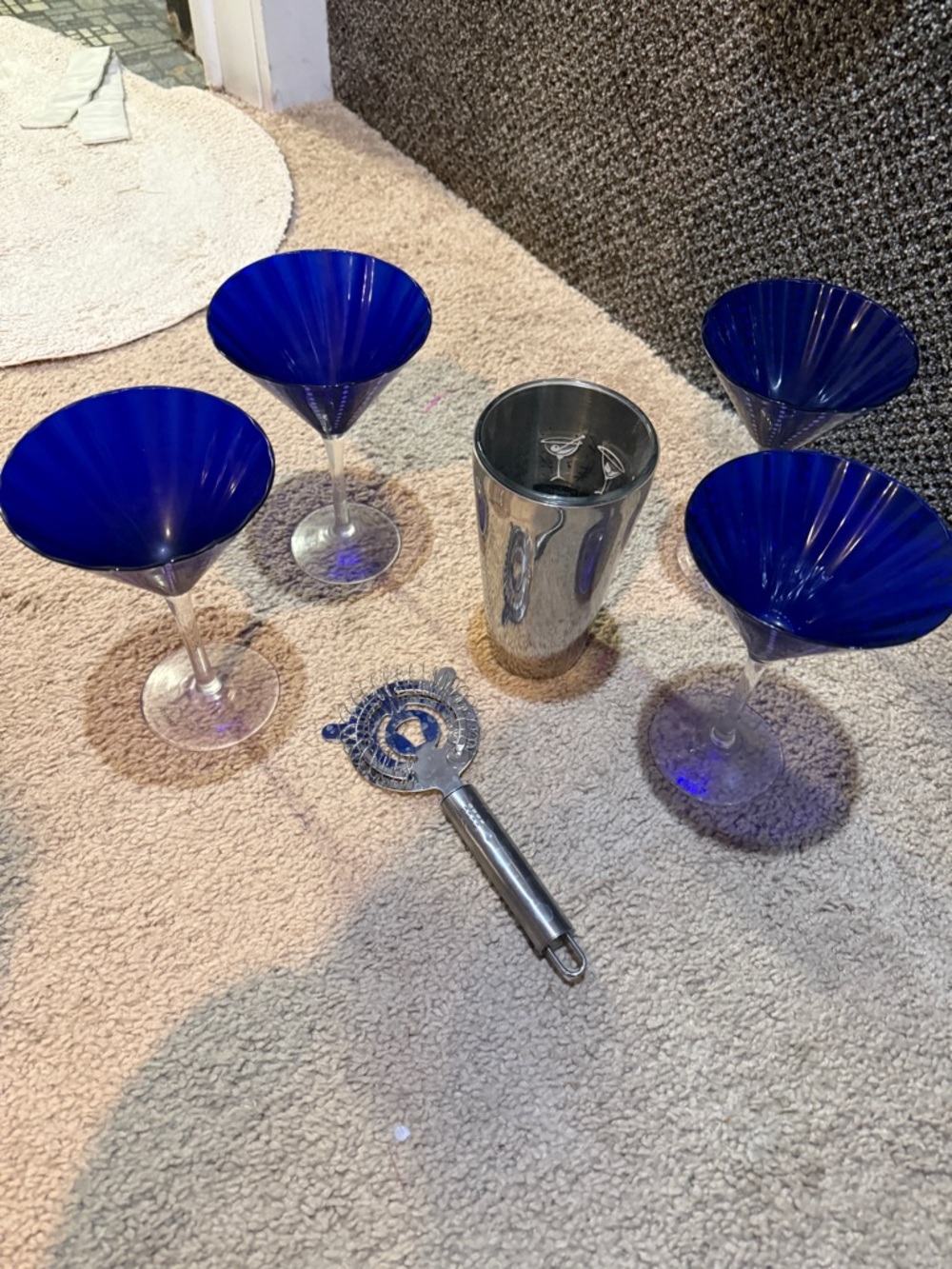 Martini set - shaker and Cobalt Blue Martini Glasses - Set of 4